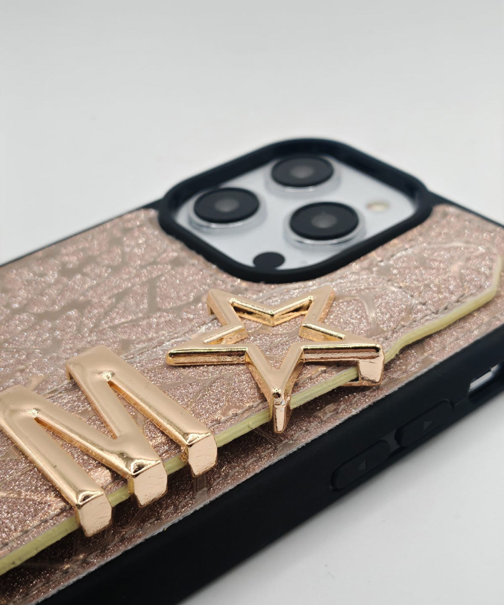 iPhone Harfli Sedefli Gold Deri Kılıf
