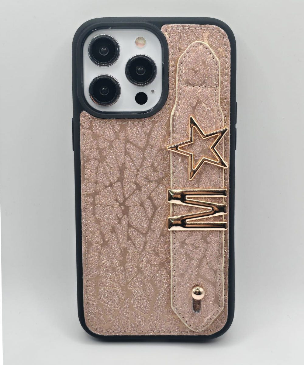 iPhone Harfli Sedefli Gold Deri Kılıf