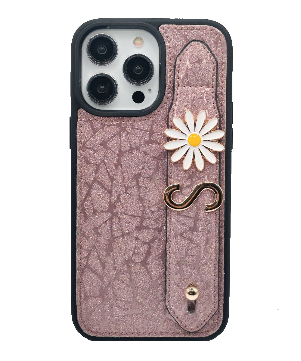 iPhone Harfli Sedefli Pembe Deri Kılıf