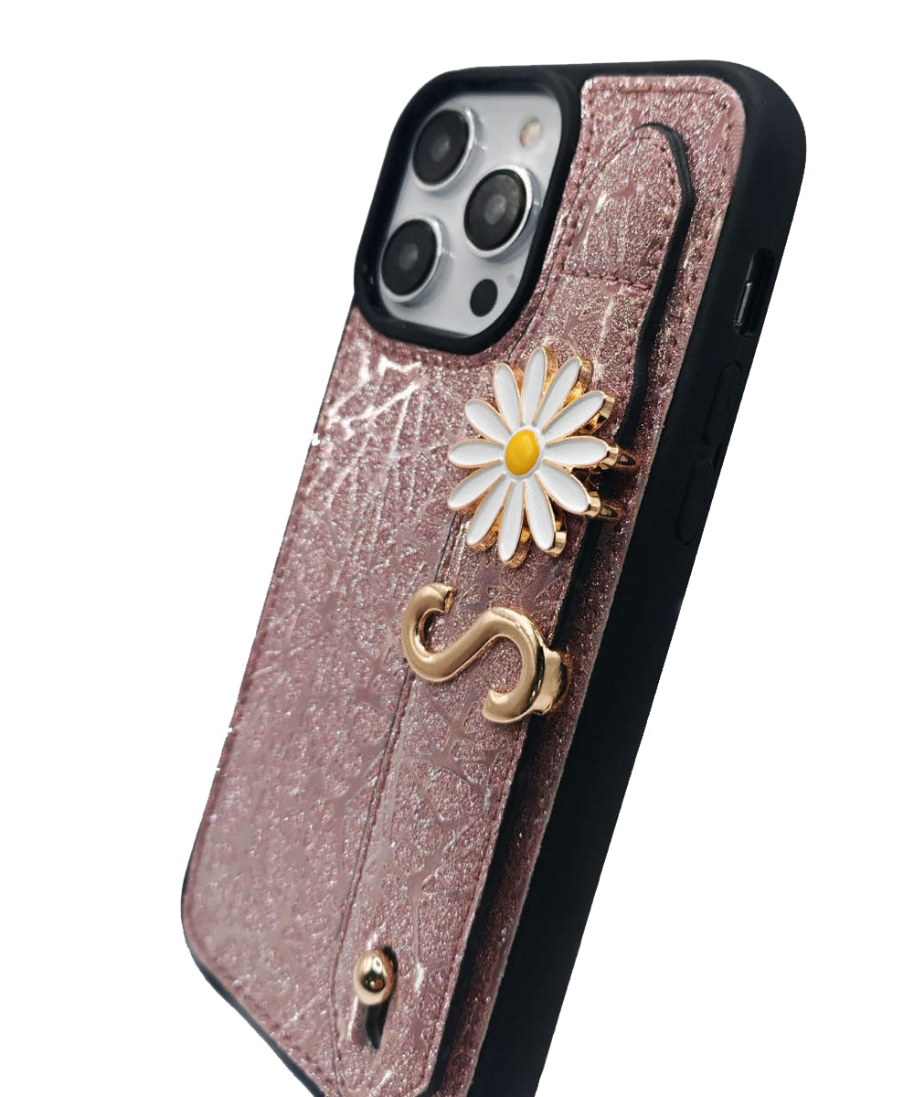 iPhone Harfli Sedefli Pembe Deri Kılıf